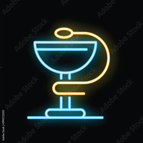 Neon medical symbol with a bowl and snake glowing on a black background, representing healthcare and pharmaceuticals
