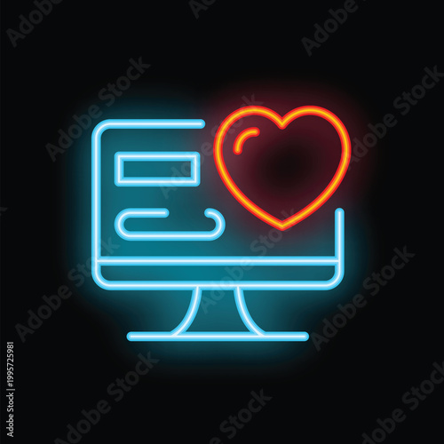 Neon icon of a computer screen displaying a heart, representing online dating and finding love in the digital world