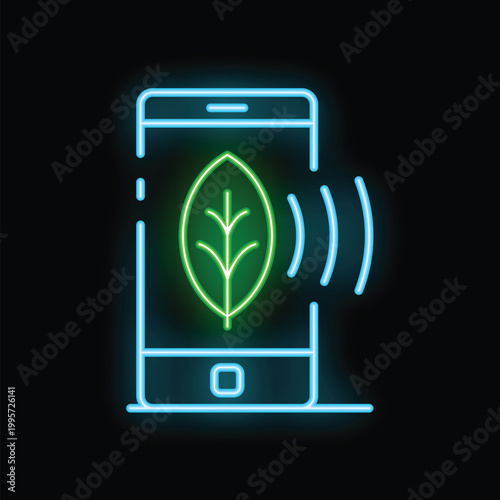 Neon icon representing a smartphone emitting a signal with a green leaf inside, symbolizing concepts of green technology and environmental awareness