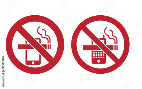 No smoking with phone or electronic cigarette, red prohibition signs red circle with line