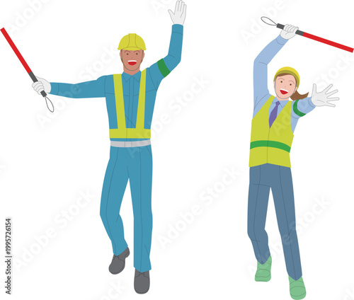 安全誘導員の男性と女性。元気で働くイメージのイラスト