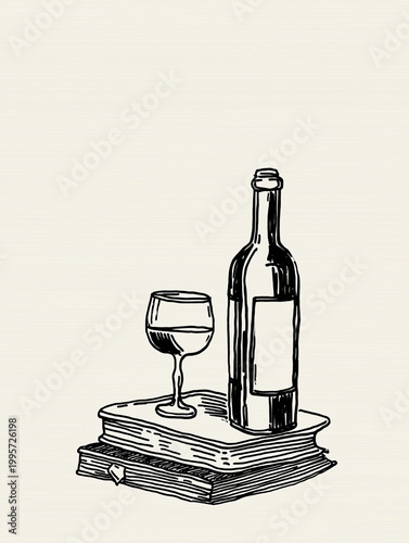 A sketch of a wine bottle and glass resting on a stack of books, evoking a sense of quiet contemplation and intellectual pursuit.