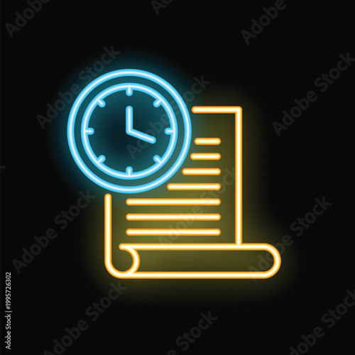 Glowing neon icon of a clock showing time limit for finishing important paperwork
