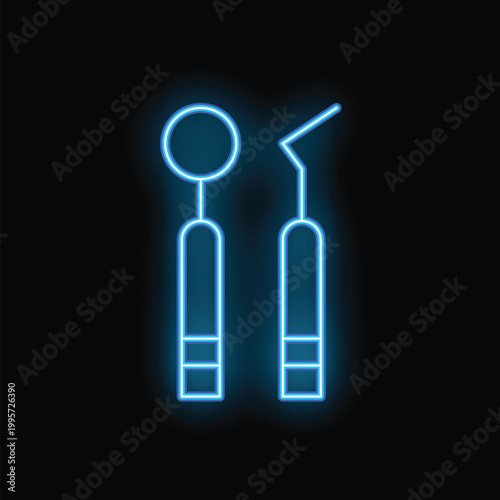 Blue neon sign representing a dentist mirror and a dental pick, glowing in the dark on a black background