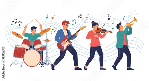 Diverse Music Band Performing Together: Drummer, Guitarist, Violinist, Trumpeter