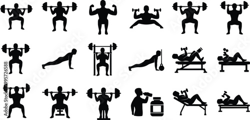 Fitness icons representing weightlifting exercises, strength training, and healthy lifestyle activities