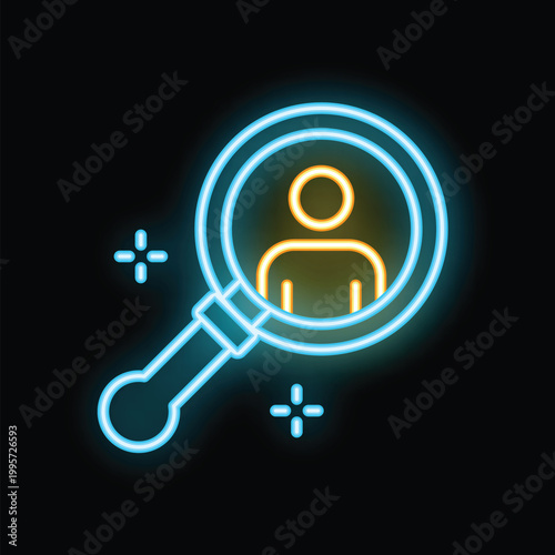 Bright neon icon of magnifying glass focusing on a person icon, representing the concept of recruitment