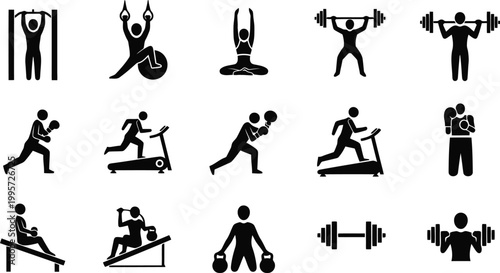 Set of fitness activity icons showing exercise and training for healthy lifestyle
