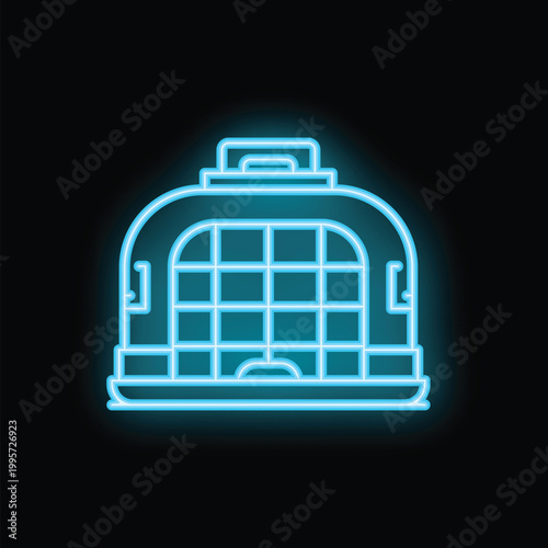 Glowing neon line icon of a pet carrying case, isolated on a black background, perfect for web and mobile apps