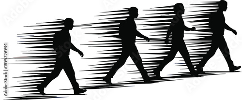 Walking man silhouettes with motion speed lines isolated on white background representing fast movement, dynamic action, time progression and urban lifestyle concept