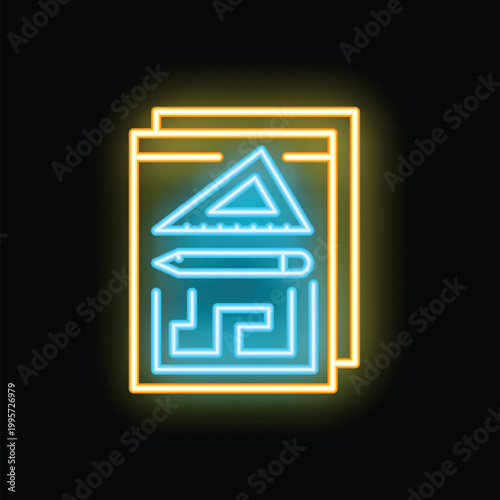 Glowing neon icon of an architectural project with a ruler, pencil, and triangle, representing the concept of engineering