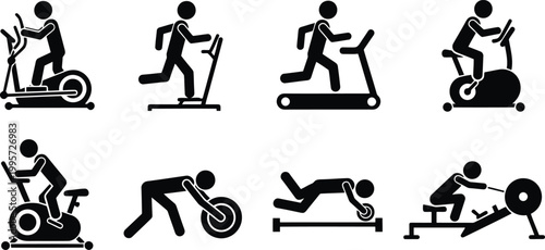 Collection of stylized black icons representing various fitness exercises and gym equipment for health and wellness themes.
