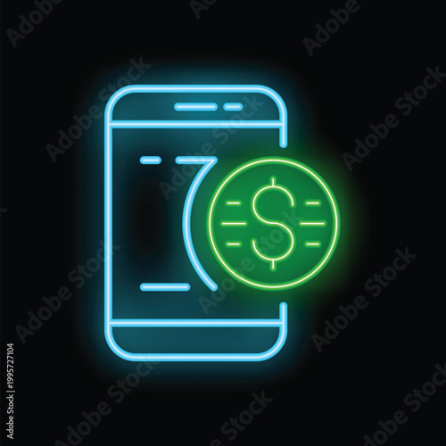Bright neon icon of a mobile phone showing a dollar coin, representing online payment and mobile banking