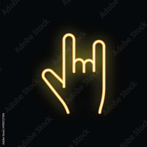 Bright yellow neon tube lighting forming the shape of a hand making the rock and roll sign