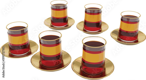 Traditional Turkish Tea Glasses with Colorful Layers and Gold Rim for Beverage and Culture Illustration