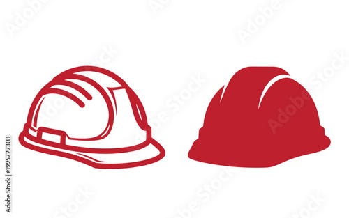 Red hard hats, line and solid fill, on white background, safety helmet construction hat line solid fill
