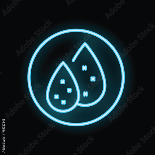 Blue neon sign of two almond nuts inside a round frame glowing on a black background