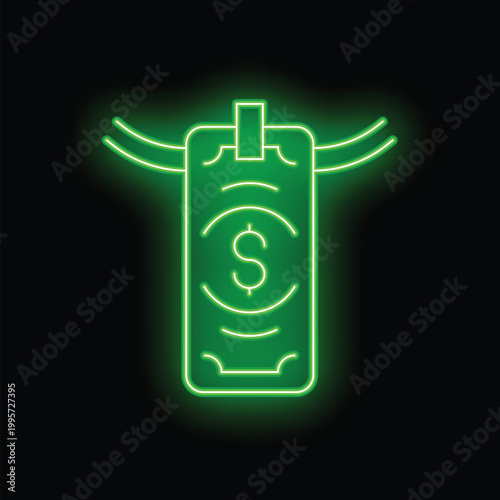 Green neon sign showing dollar bill hanging on black background, concept of finance and business
