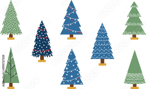 Decorative Christmas Trees Illustration with Snowflakes, Stars, and Festive Ornaments for Holiday Season