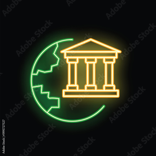 Neon sign showing a university building merging with a world map, symbolizing the global reach of education