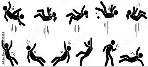 Stick figures depict various stages of falling and losing balance