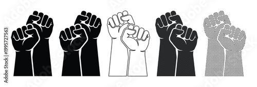 Set of 5 Black, White, and Gray Raised Fists Vector Icons