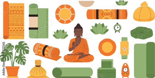 Yoga and Meditation Accessories Illustration with Mats, Buddha, Plants, and Wellness Items for Mindfulness and Relaxation