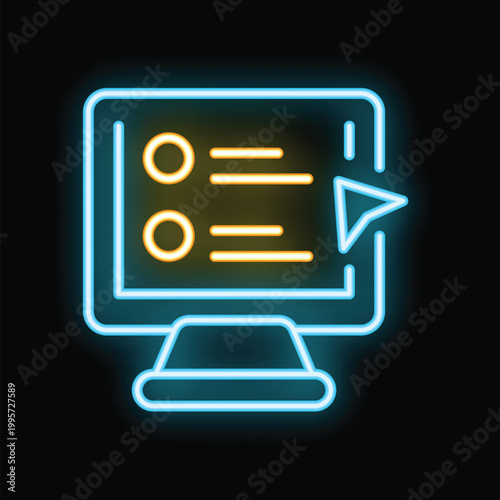 Neon sign showing computer displaying online survey form with checkboxes and cursor clicking
