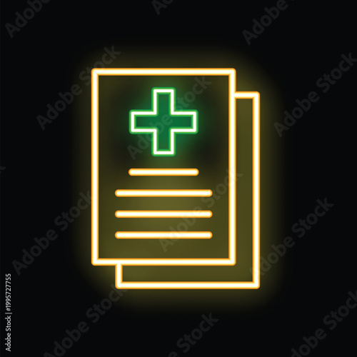 Glowing neon medical history icon with green cross and yellow text lines on black background