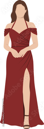 Elegant Faceless Woman In Long Red Burgundy Evening Gown Fashion Illustration