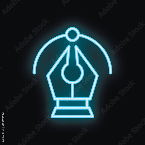 Neon sign representing a dip pen nib drawing a curvy line, all glowing on a black background
