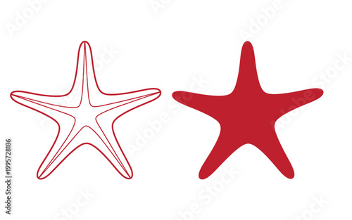 Red starfish on white background, line and solid styles line solid fill sea creatures