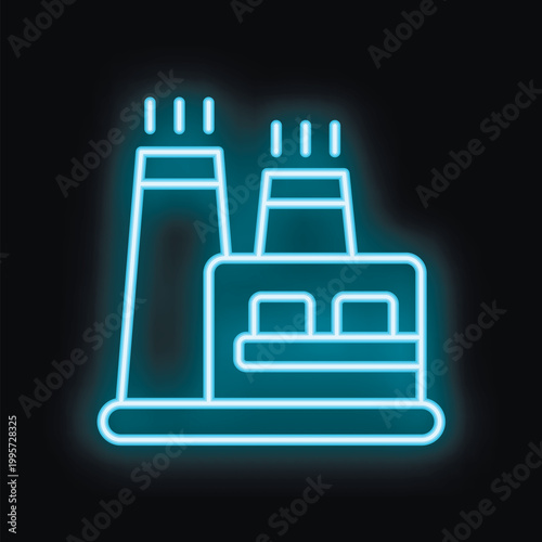 Glowing blue neon style icon representing a manufacturing plant building with two large chimneys