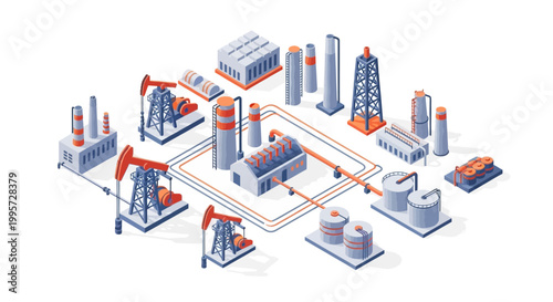 Industrial complex with oil rigs, refineries, and storage tanks illustrating oil and gas extraction and processing operations