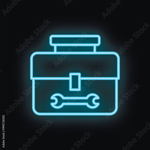 Blue neon icon of a toolbox with a wrench inside, glowing on a black background