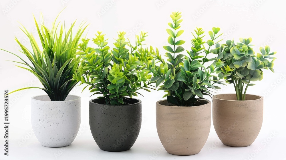 Fototapeta premium Botanical charm: Set of lifelike artificial plants in flower pots, perfect for adding greenery to any space. Isolated on white