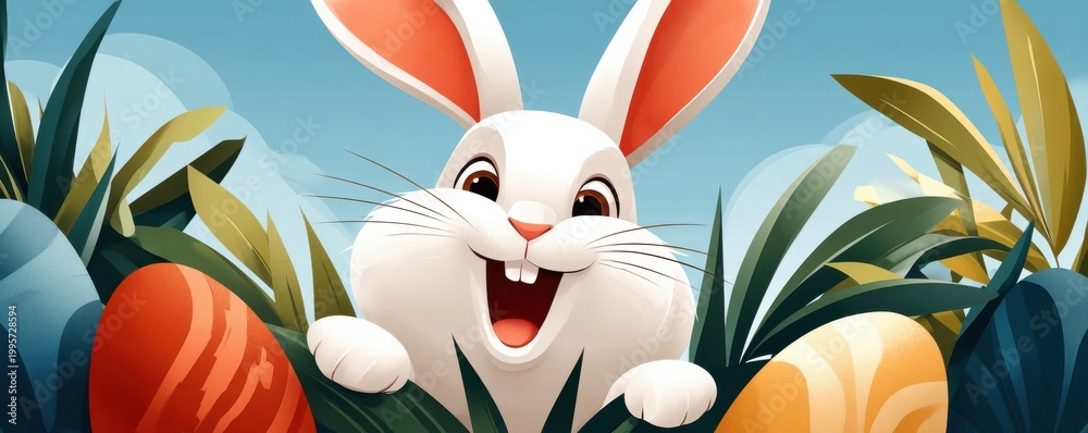 Obraz premium Cute white rabbit peeking from grass with colorful Easter eggs and spring plants