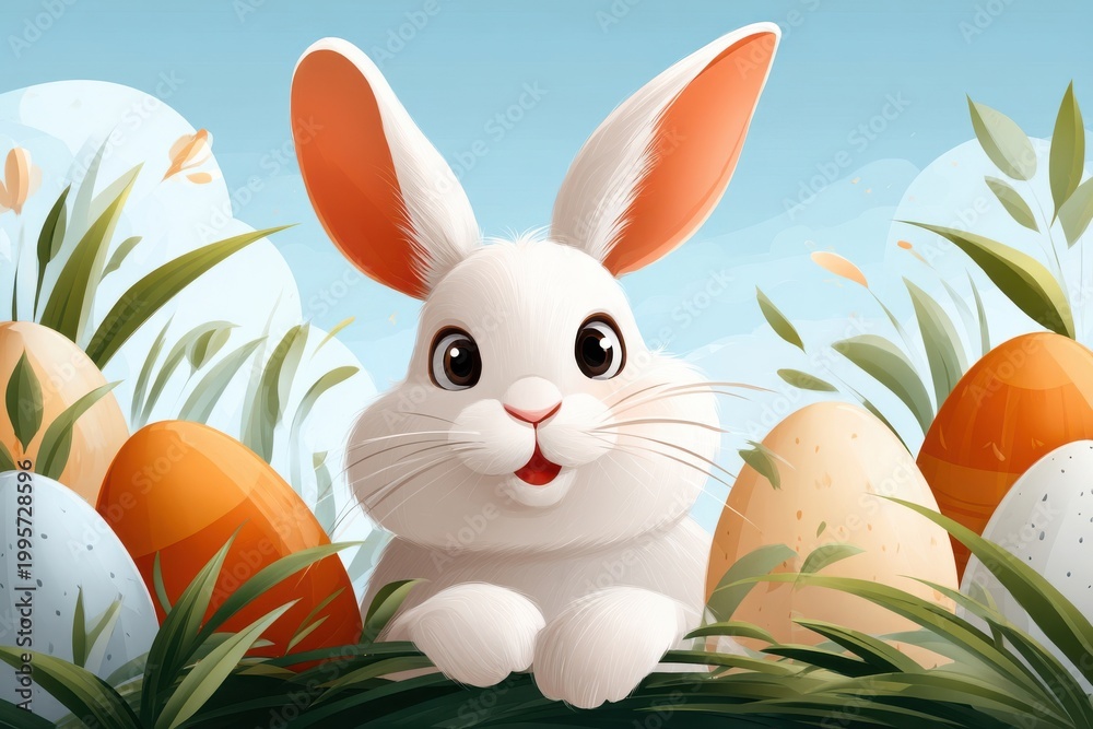 Naklejka premium Cute white rabbit peeking out of grass with colorful Easter eggs and spring flowers