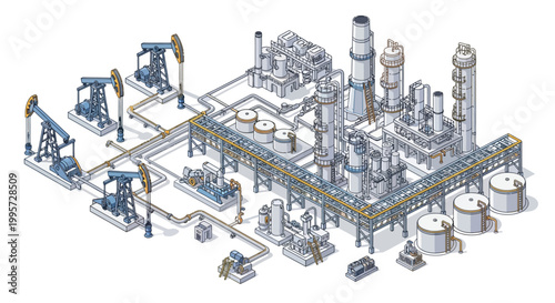 Industrial Oil Refinery Complex with Pumping Units and Storage Tanks, Architectural Design Illustration