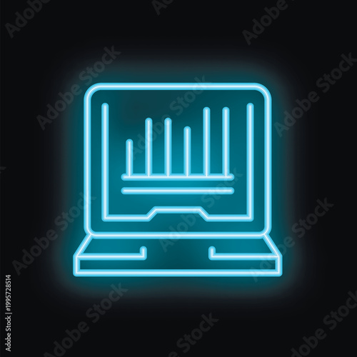 Blue neon icon of a laptop showing growing bar chart on its screen on a black background
