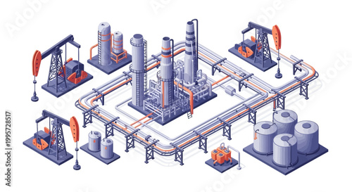 Industrial Oil Refinery Complex with Pumpjacks and Storage Tanks, Energy Sector Illustration