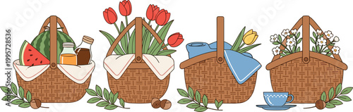 Set of Picnic Baskets with Watermelon, Flowers, and Tea Cup Illustration for Outdoor Dining and Garden Theme