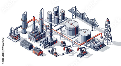 Industrial oil and gas extraction and refining complex with storage tanks, pipelines, and processing units creating energy infrastructure