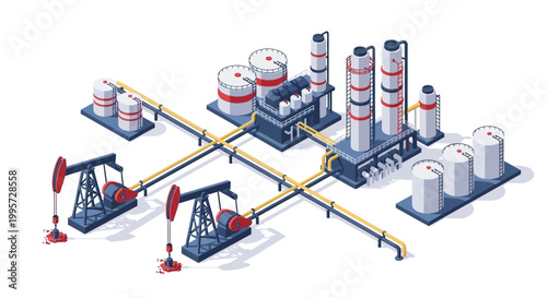 Oil extraction and processing plant with pump jacks, storage tanks, and pipelines representing the petroleum industry