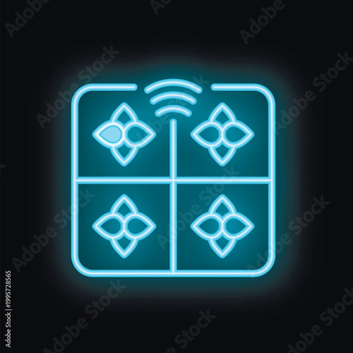 Glowing blue neon icon representing smart home system controlling heating system with four zones