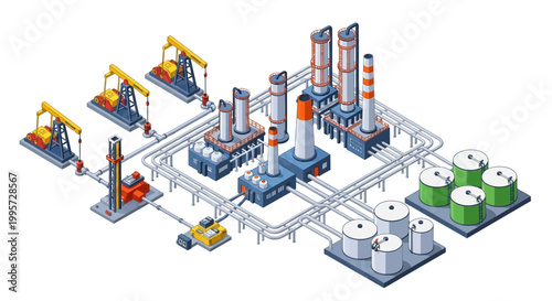 Industrial oil and gas processing plant with storage tanks and pump jacks, representing energy production and manufacturing