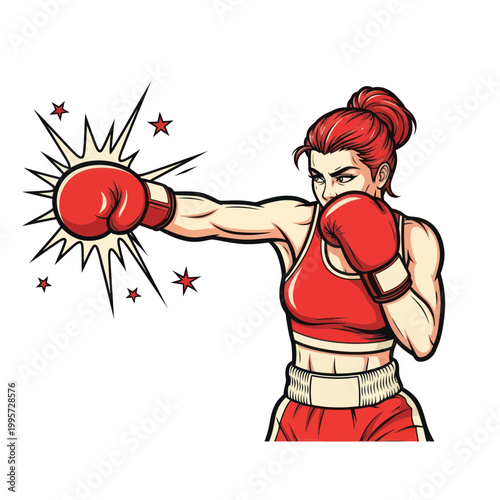 Female Boxer Training, Punching with Red Gloves, Determined Expression, Dynamic Action