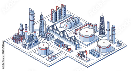 Isometric illustration of a large industrial oil refinery or chemical plant complex with storage tanks, production facilities, and processing units for petroleum processing