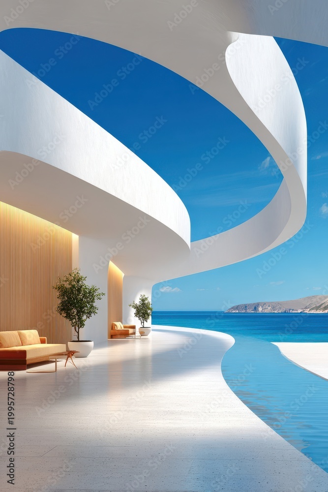 Fototapeta premium Modern luxury seaside terrace with curved white canopy and infinity pool overlooking the ocean