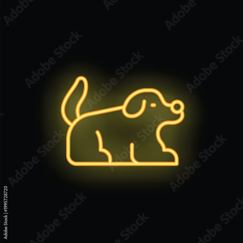 Glowing golden icon of a dog lying down with its tail up, glowing on a dark background